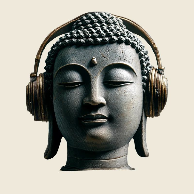 Bouddha avec casque Mindfulness Musique Boho Zen