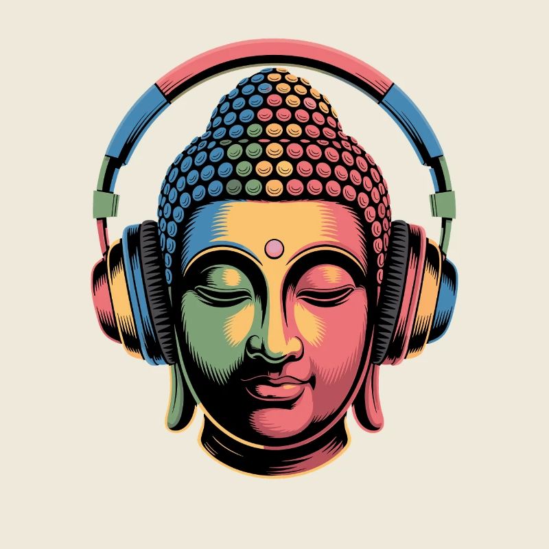 Bouddha avec casque Mindfulness Musique Boho Zen