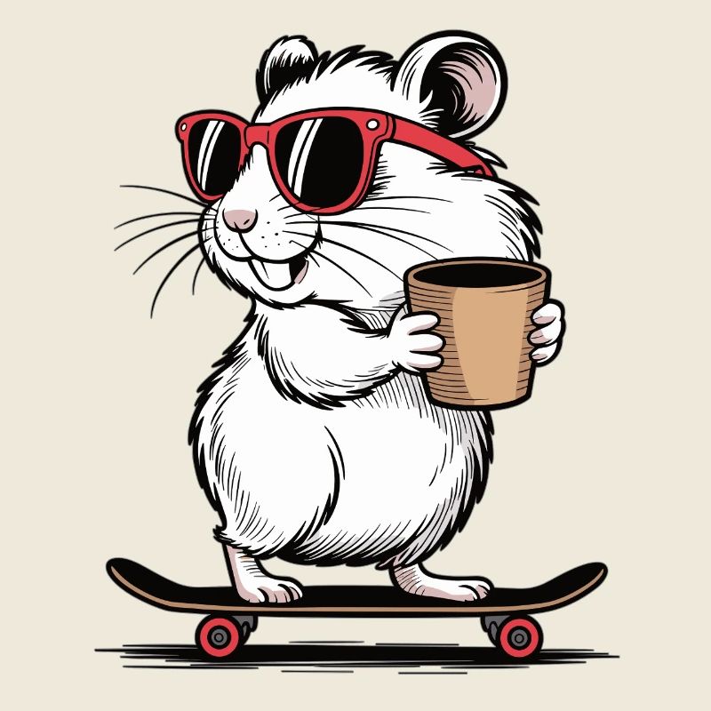 Cool skateboard hamster with coffee