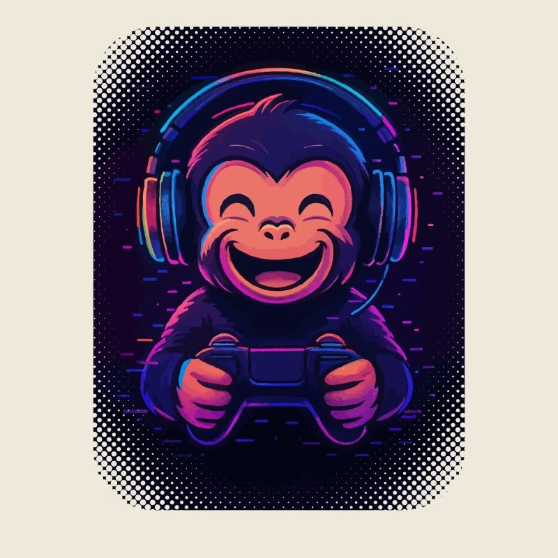 Cooler Affe mit Kopfhörern, Brille und Gamepad