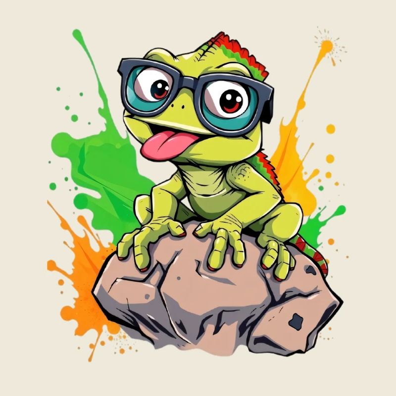 Lustiger Gecko mit Brille und Farbenexplosion