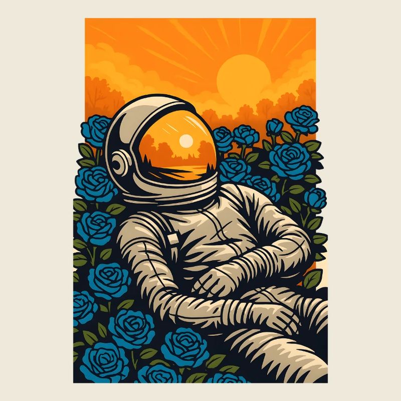 Sonnenuntergangs-Astronaut im blauen Rosengarten