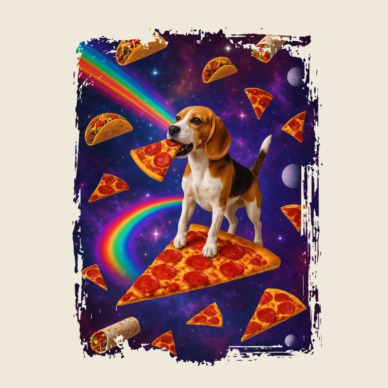 Chien sur une pizza dans l'espace avec un arc-en-ciel