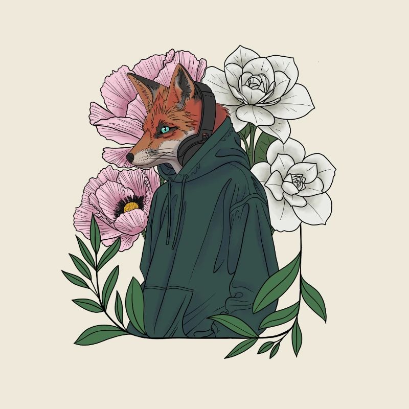 Fuchs mit Blumen und Hoodie