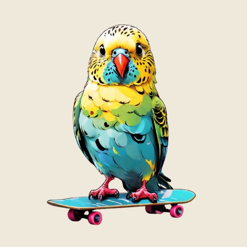 Fröhlicher Wellensittich auf Skateboard