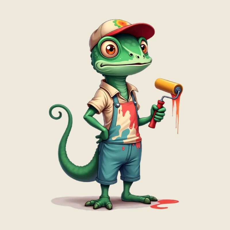 Chameleon painter cartoon with paint roller