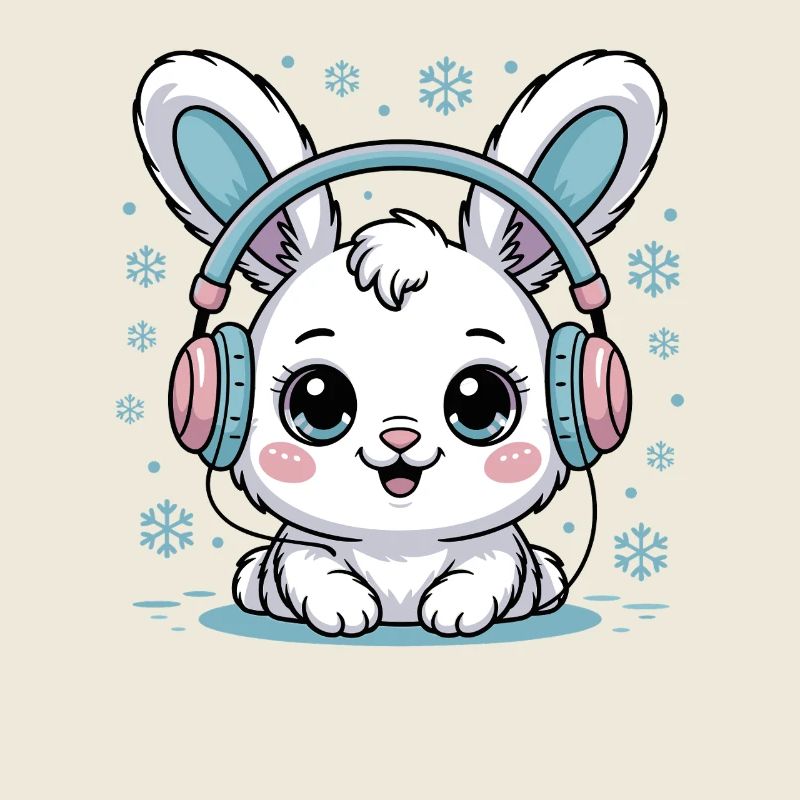Lapin mignon avec des écouteurs et des flocons de neige