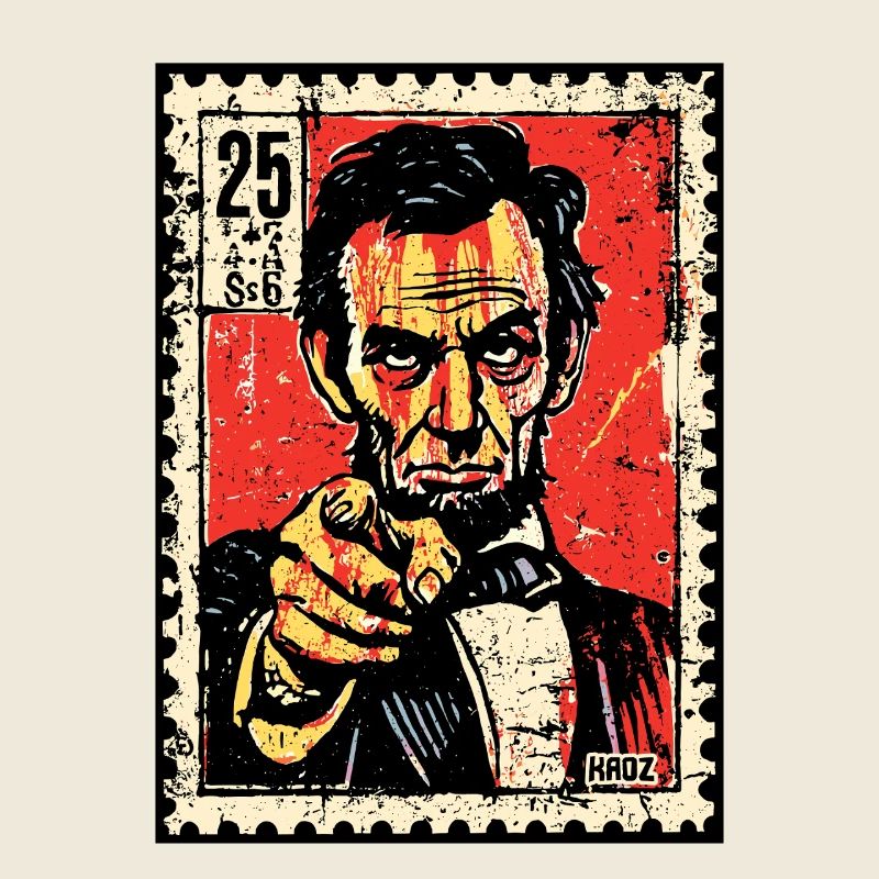 Abe Lincoln on postage stamp pointing with finger