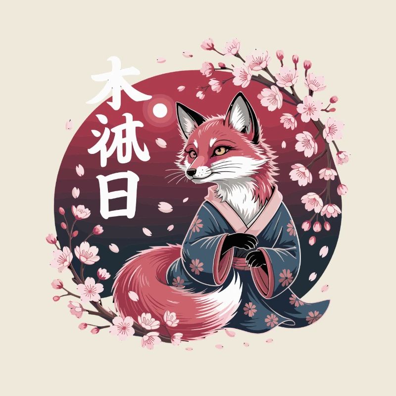  Kitsune Im Kimono Mit Kirschblüten Hanami