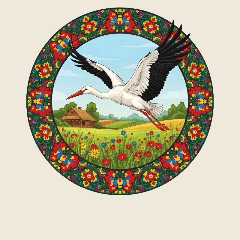 Stork and Polish Folk Meadow Circle Print