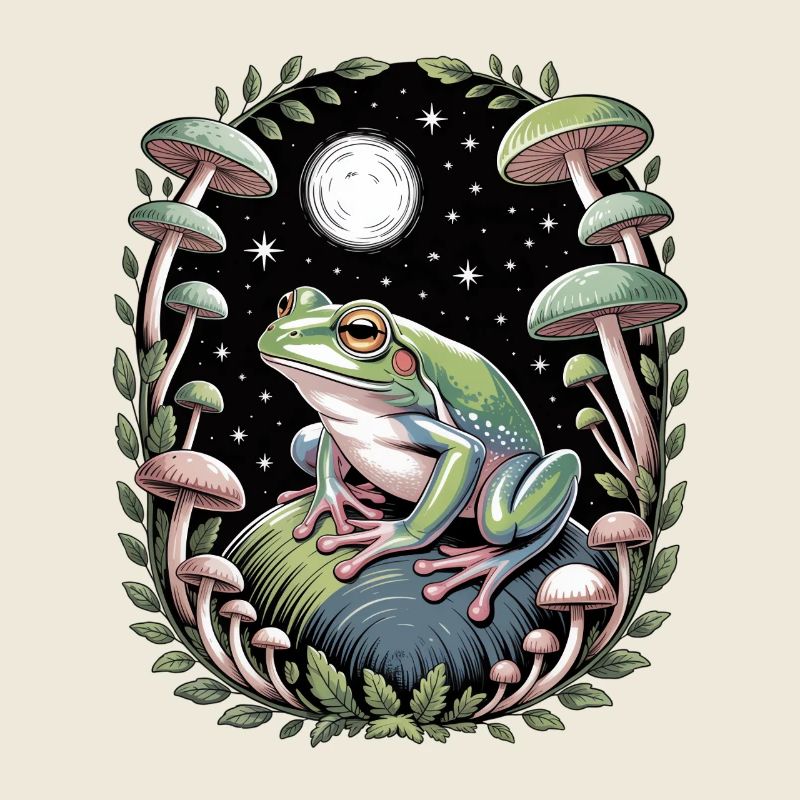 Grenouille au clair de lune avec champignons et étoiles