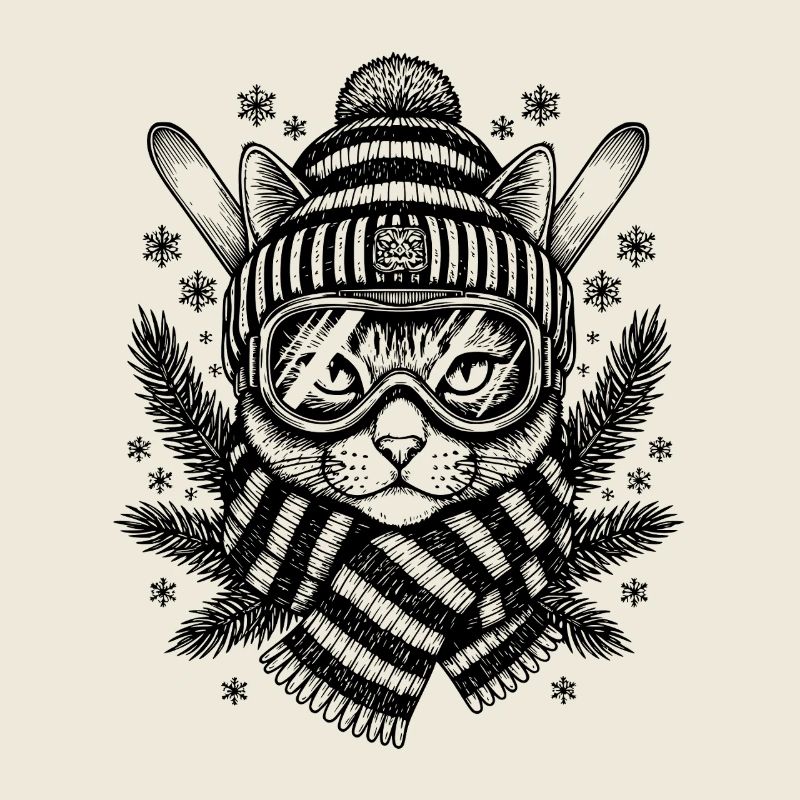 Skiing Cat Mountain Winter Art