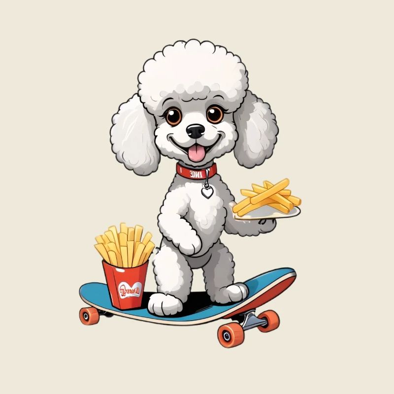 Poodle on skateboard with fries