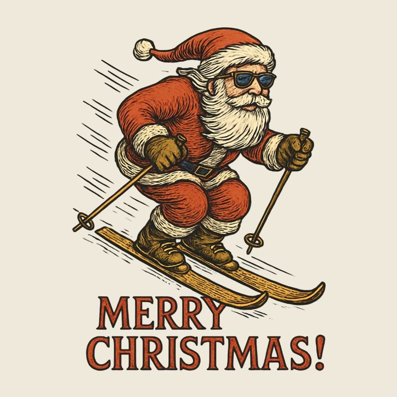 Ski-Weihnachtsmann mit Sonnenbrille und Spruch