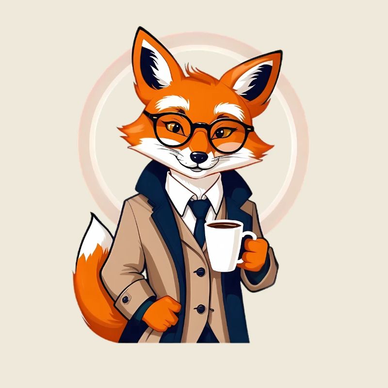 Fuchs im Anzug mit Kaffee