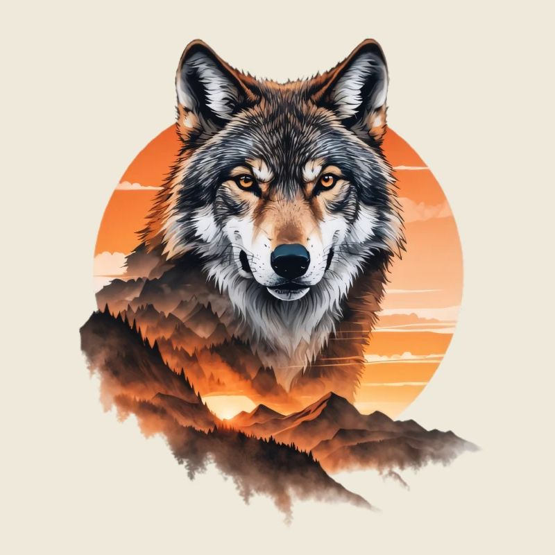 Wolf im Abendrot über Bergen