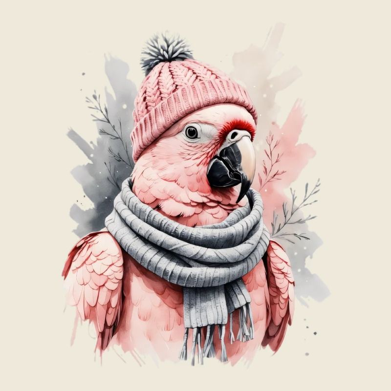 Winter Pink Parrot in Knitted Hat