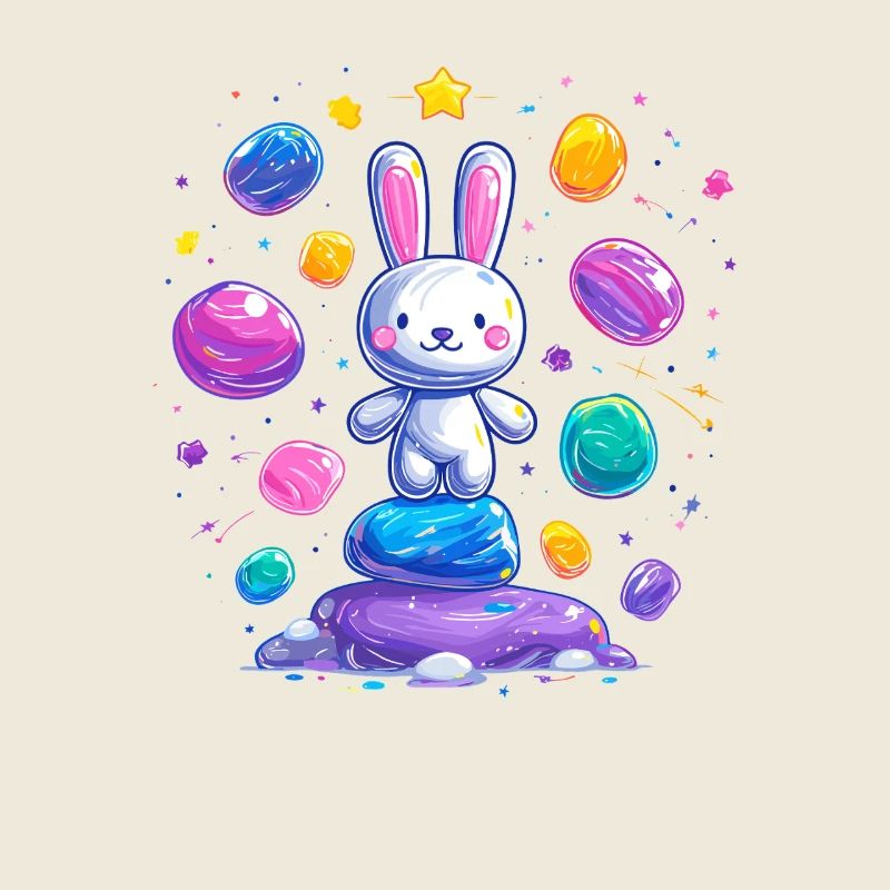 Cheerful bunny on colorful eggs