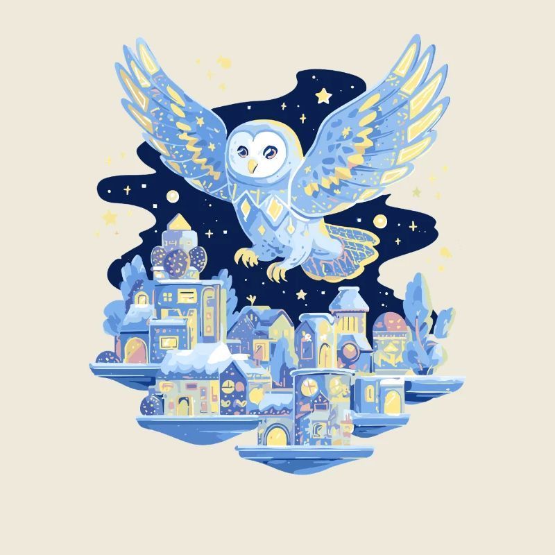 Owl flight over city at night