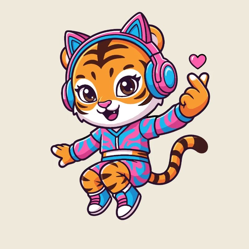 Tanzender Tiger mit Katzenkopfhörern