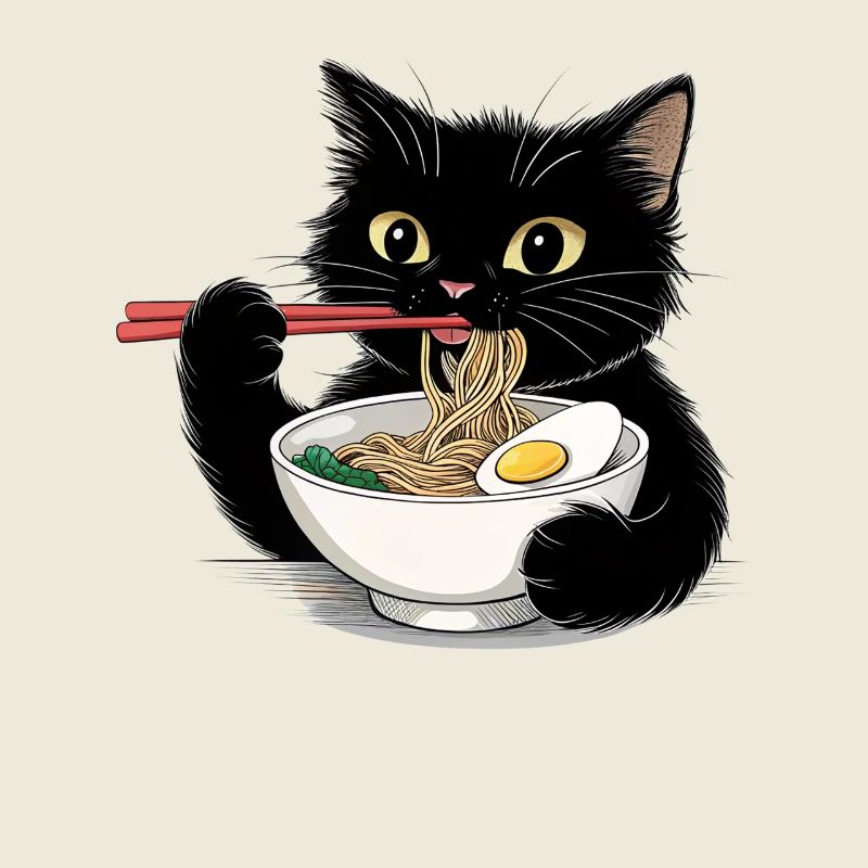 Black cat eating ramen noodles