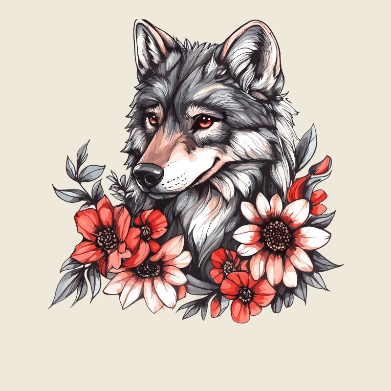 Loup avec une couronne de fleurs