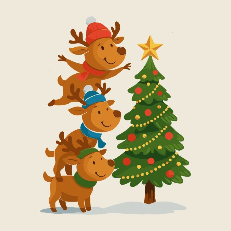 Rangée de rennes près du sapin de Noël