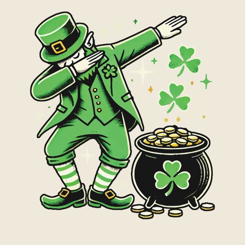 Lustiger Leprechaun, der Kleeblatt-Goldmünzen abtupft