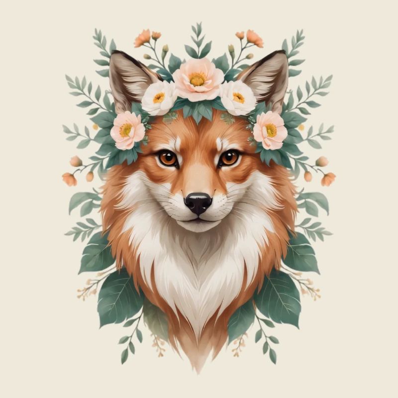 Portrait de renard fleuri avec couronne florale