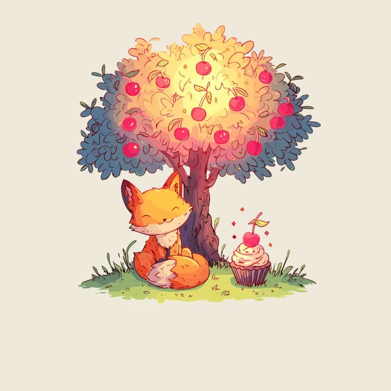 Fox on the apple tree with cupcake