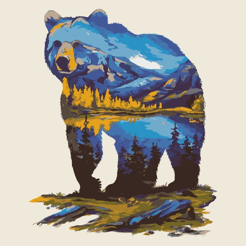 Wander Bear Mountains Lake Retro Nature Design