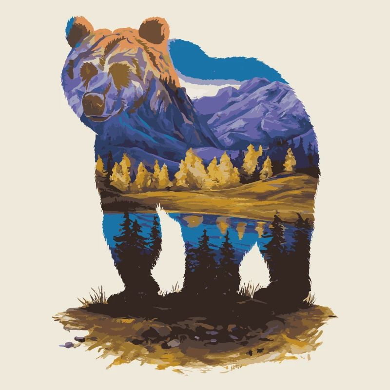 Wander Bear Mountains Lake Retro Nature Design