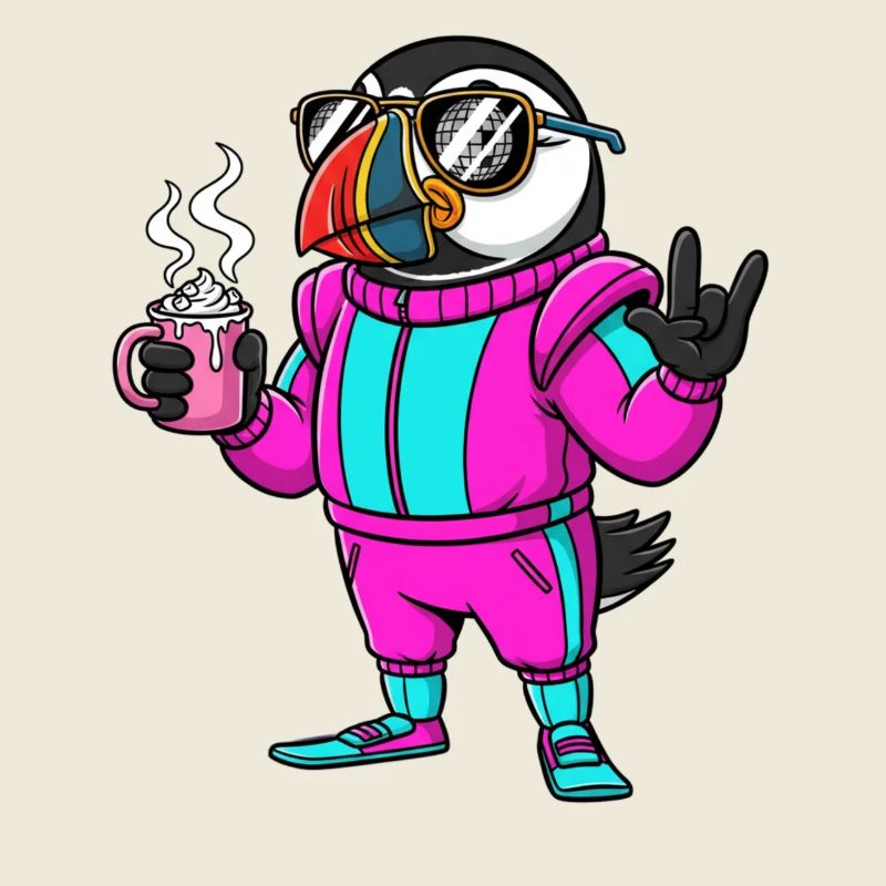 Oiseau élégant en combinaison de ski avec café