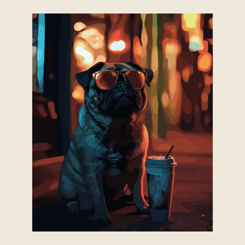 Mops mit Sonnenbrille und Eiskaffee