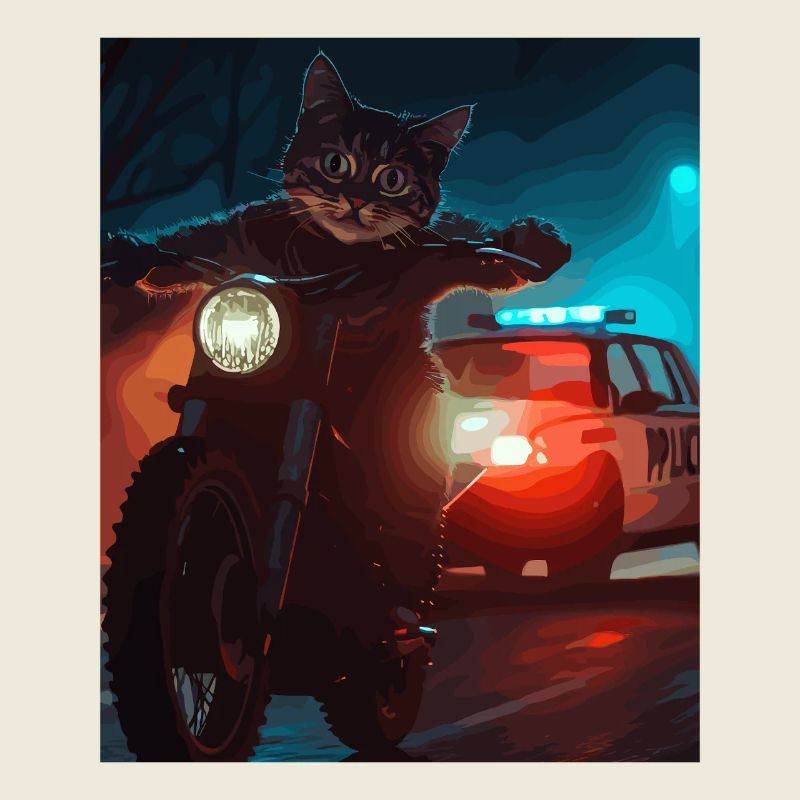 Night Cat on Motorcycle Noir
