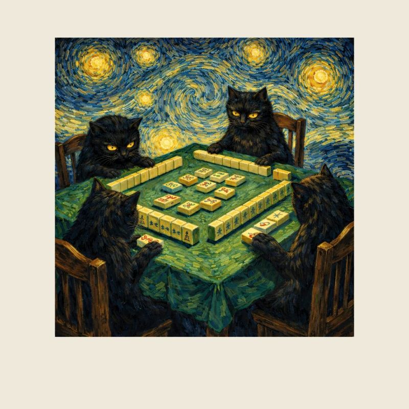 Des chats jouant au Mahjong Van Gogh