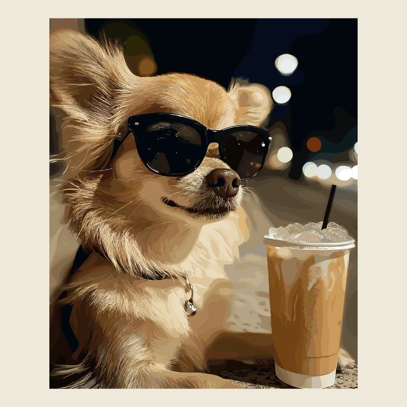 Sonnenbrillen-Hund mit Eiskaffee