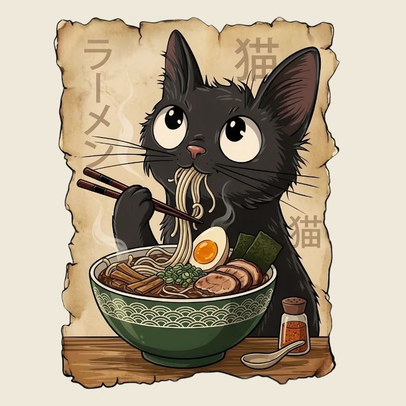 Chat noir drôle mangeant des nouilles ramen Nourriture japonaise