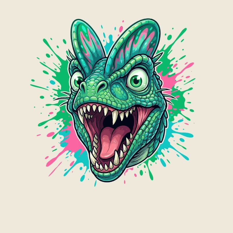 Tête de dinosaure verte avec éclaboussure néon