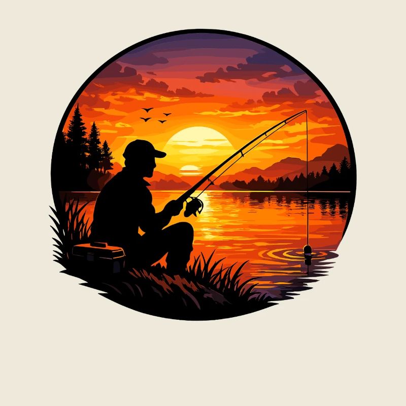 Silhouette rétro du pêcheur au coucher de soleil