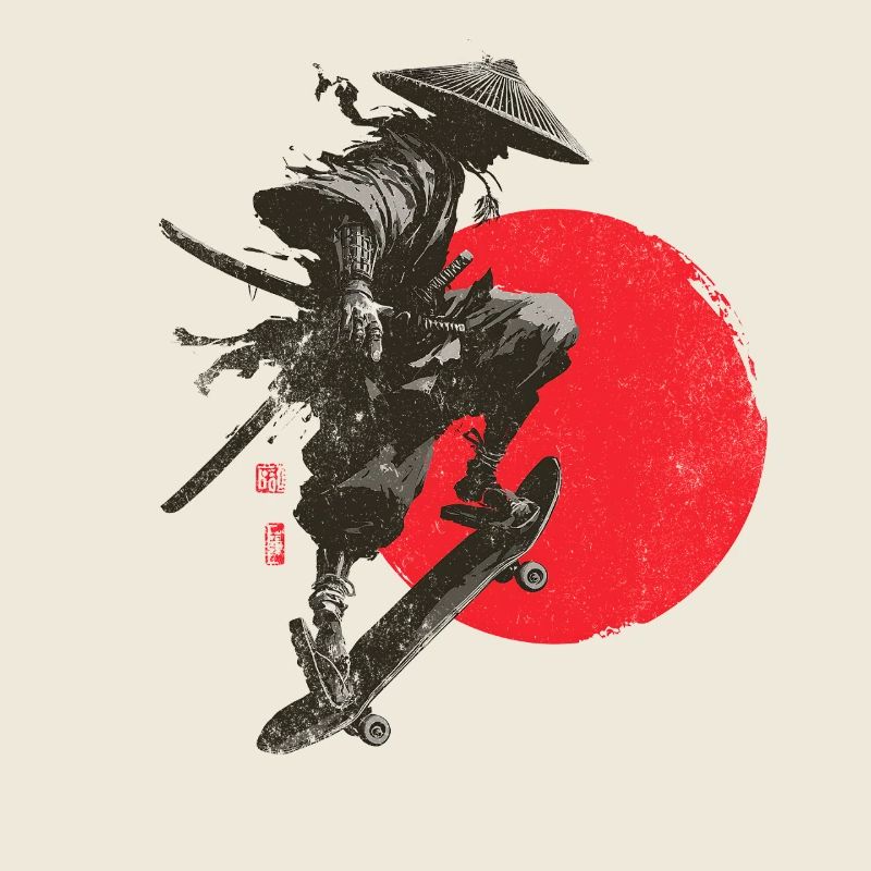 Silhouette eines Samurai-Skaters mit roter Sonne