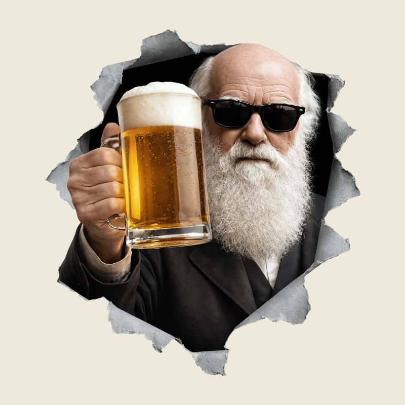 Charles Darwin hält ein Bier