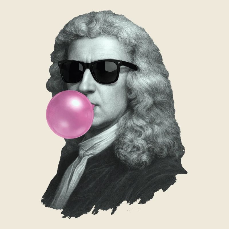 Isaac Newton mit Kaugummi und Sonnenbrille
