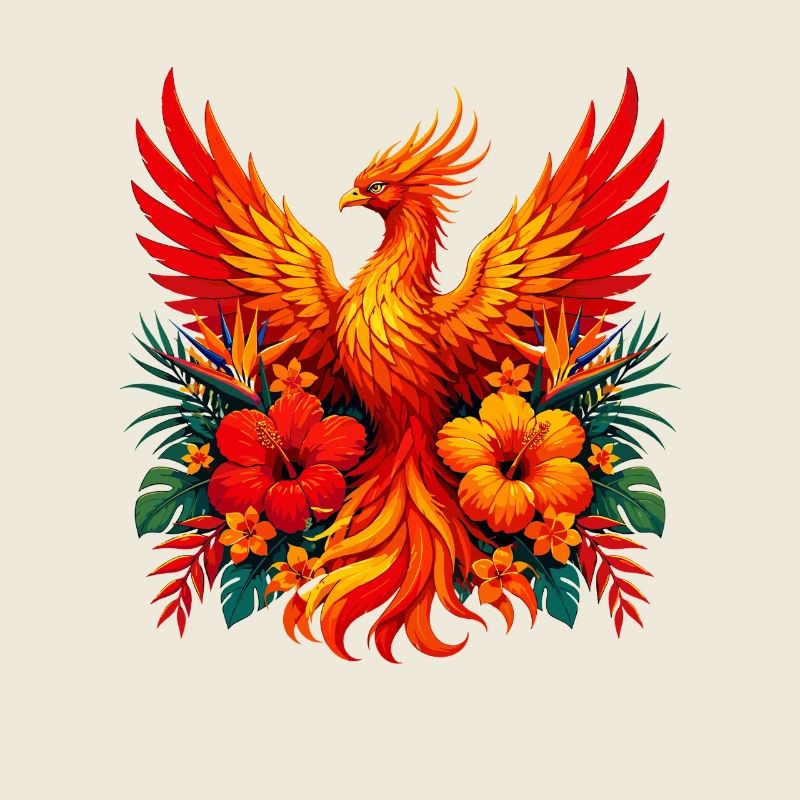 Flame phoenix with tropical flowers