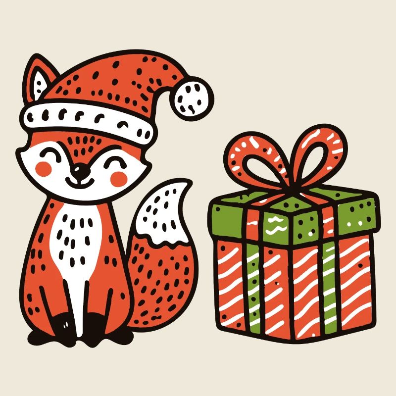 Weihnachtsfuchs mit Mütze und Geschenk