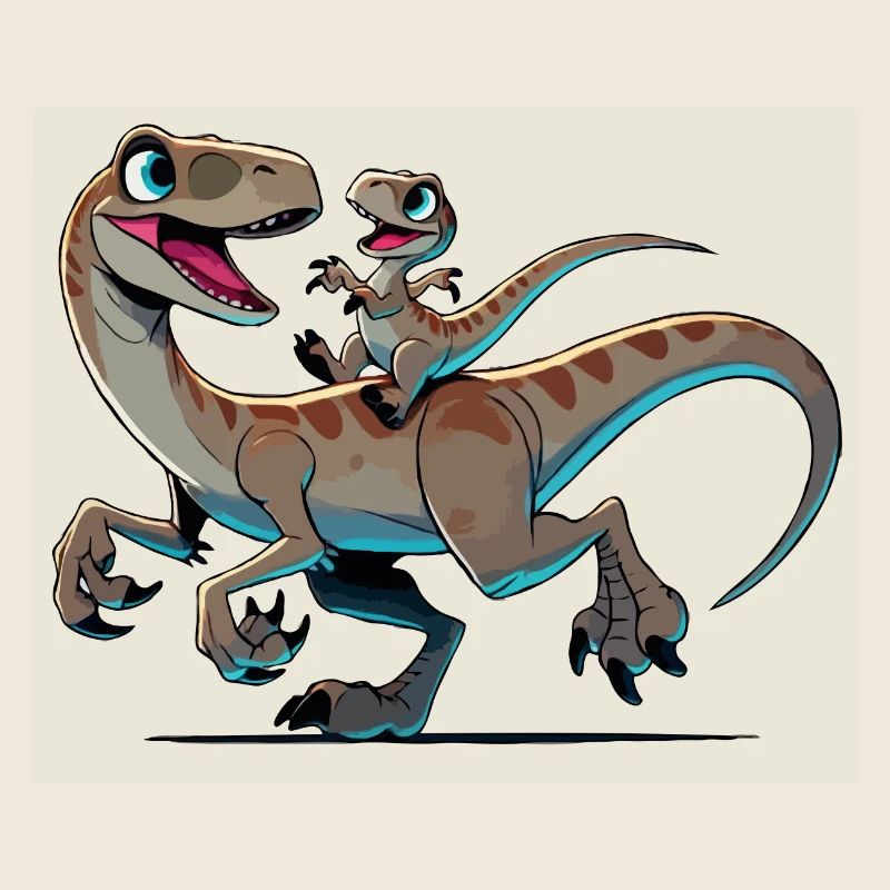 Vélociraptor mère et enfant gambadant