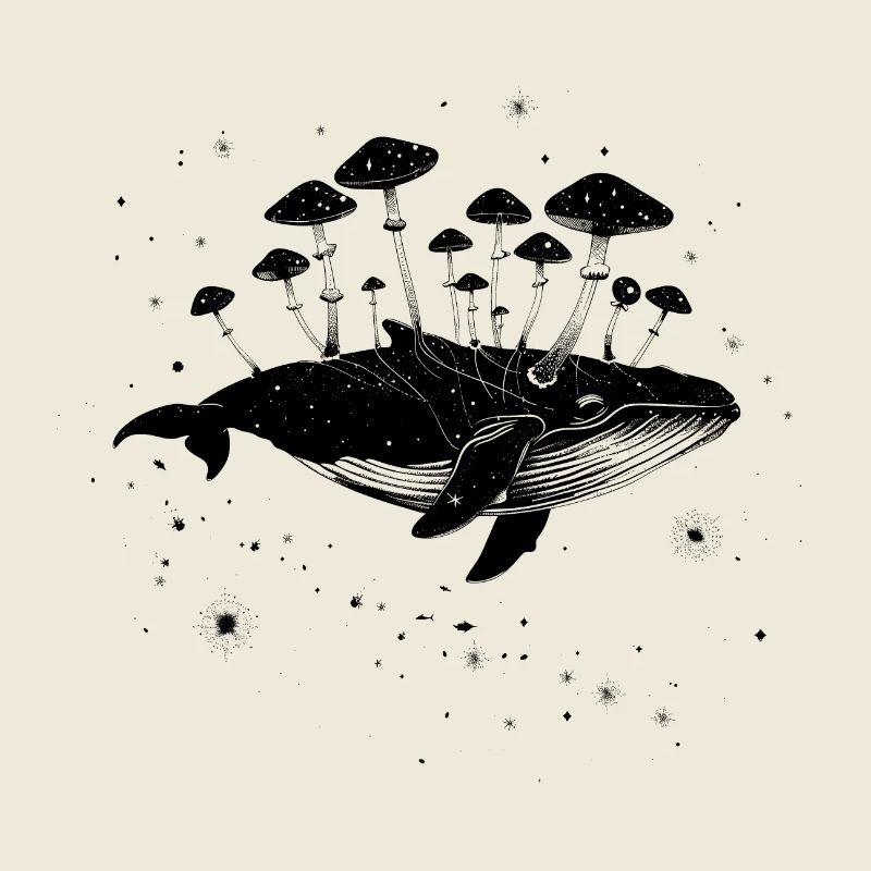 Baleine surréaliste avec des champignons dans l’espace avec des étoiles