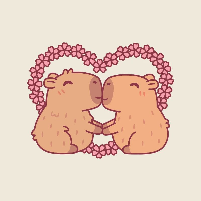 Mignon baiser Capybaras Sakura fleurs coeur