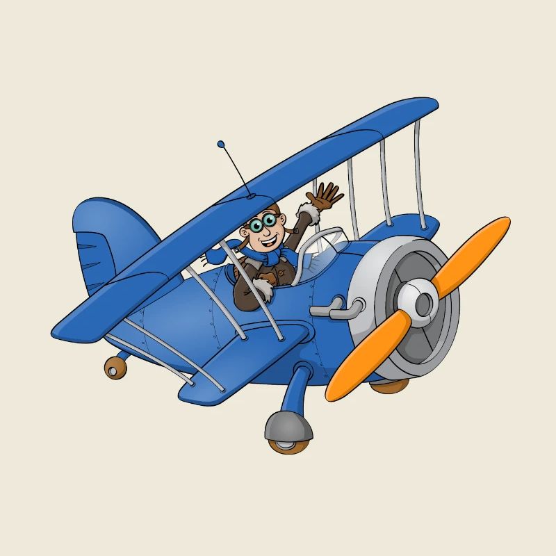 A cheerful pilot in a blue plane.