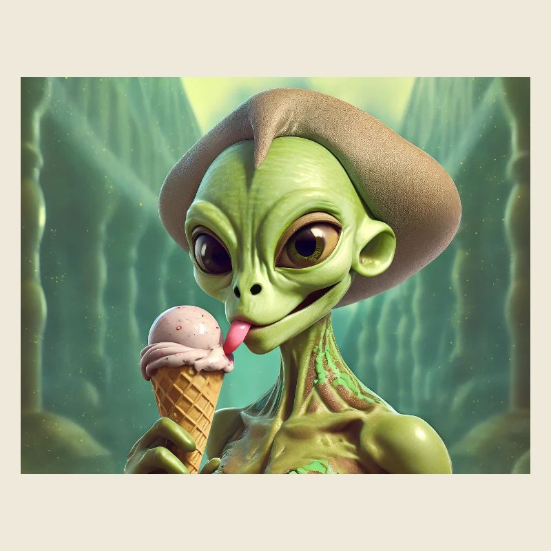 Alien gris à la surface de la lune – manger de la crème glacée
